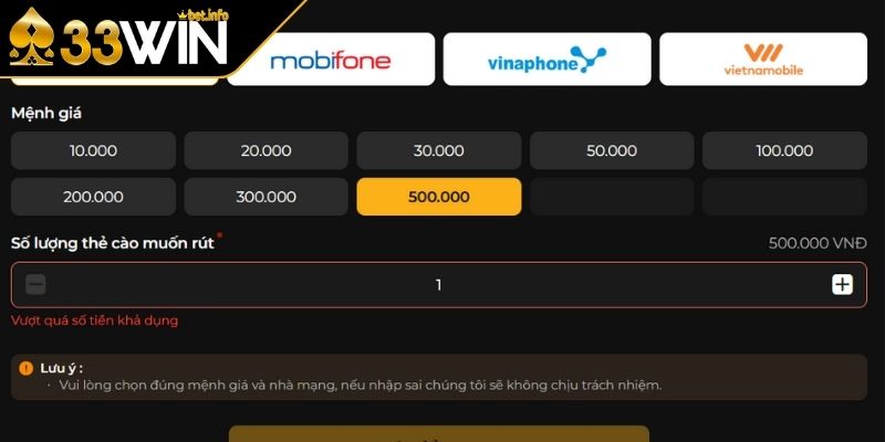 Rút tiền 33WIN qua thẻ di động
