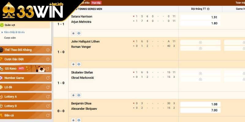 Cược thể thao 33WIN với môn Tennis